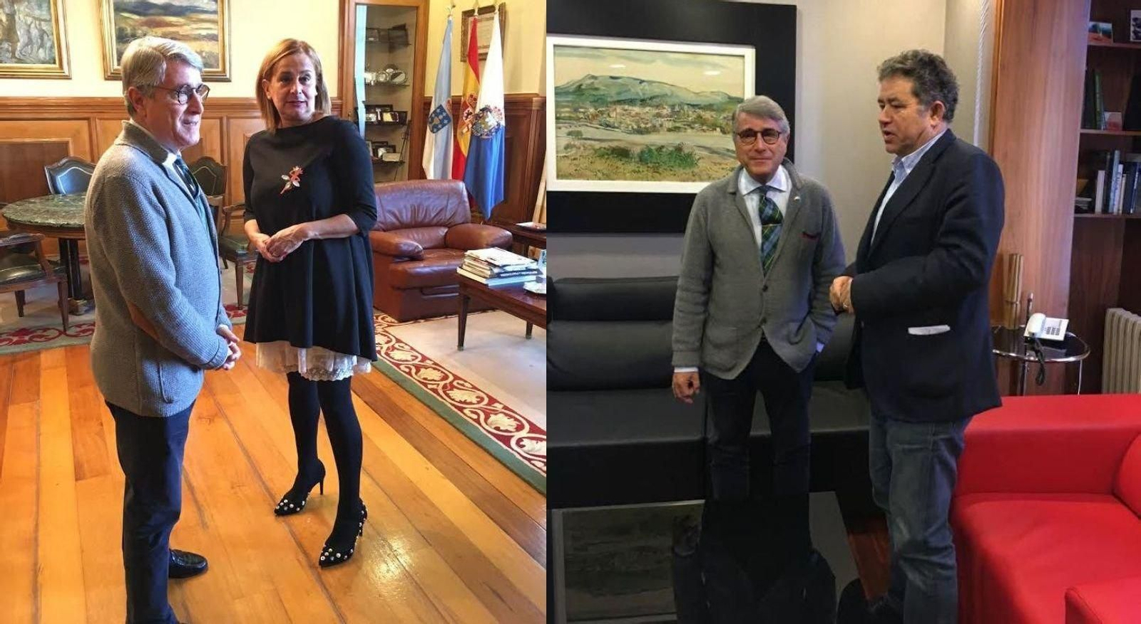 El vigués Coello, ayer con la viguesa Carmela Silva y el alcalde de Pontevedra, Fernández Lores.