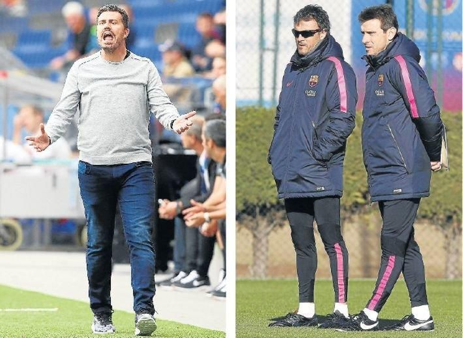 Óscar García Junyent (i.) y Juan Carlos Unzué (a la derecha junto a Luis Enrique) son dos de los candidatos a entrenar al Celta.