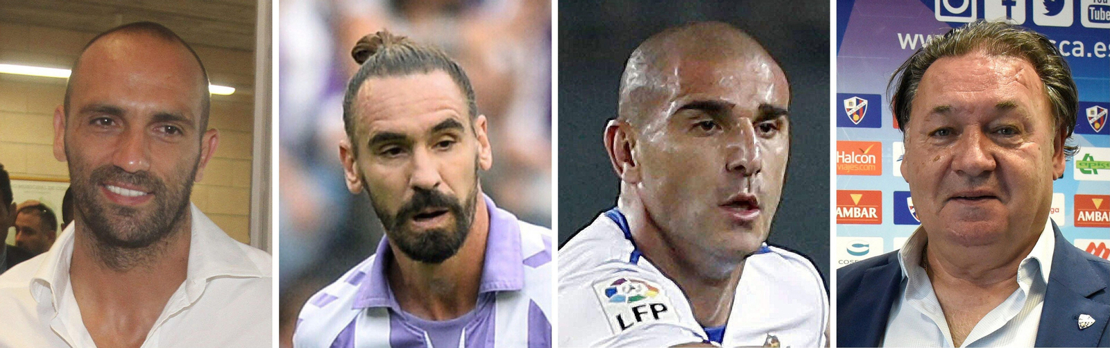 Los futbolistas Raúl Bravo, Borja Fernández, Carlos Aranda, y el presidente del Huesca, Agustín Lasaosa