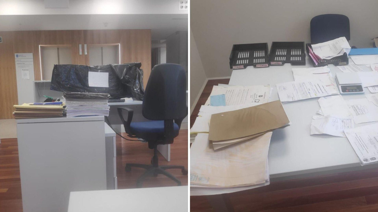 Ordenadores, bajo plástico tras caer agua del techo y documentación mojada.