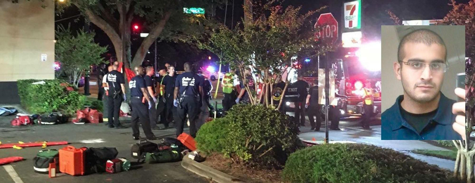 Una vista del lugar del tiroteo en Orlando y Omar Mateen (d)