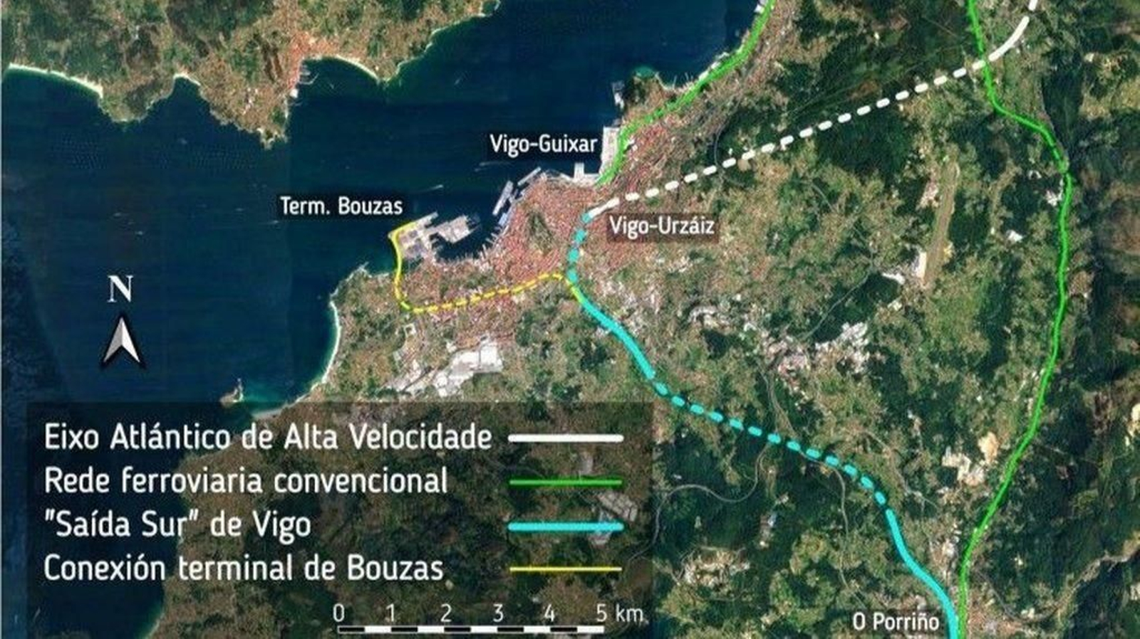 Propuesta de la salida sur ferroviaria, que haría la estación pasante hacia Porriño, con vial a Bouzas.