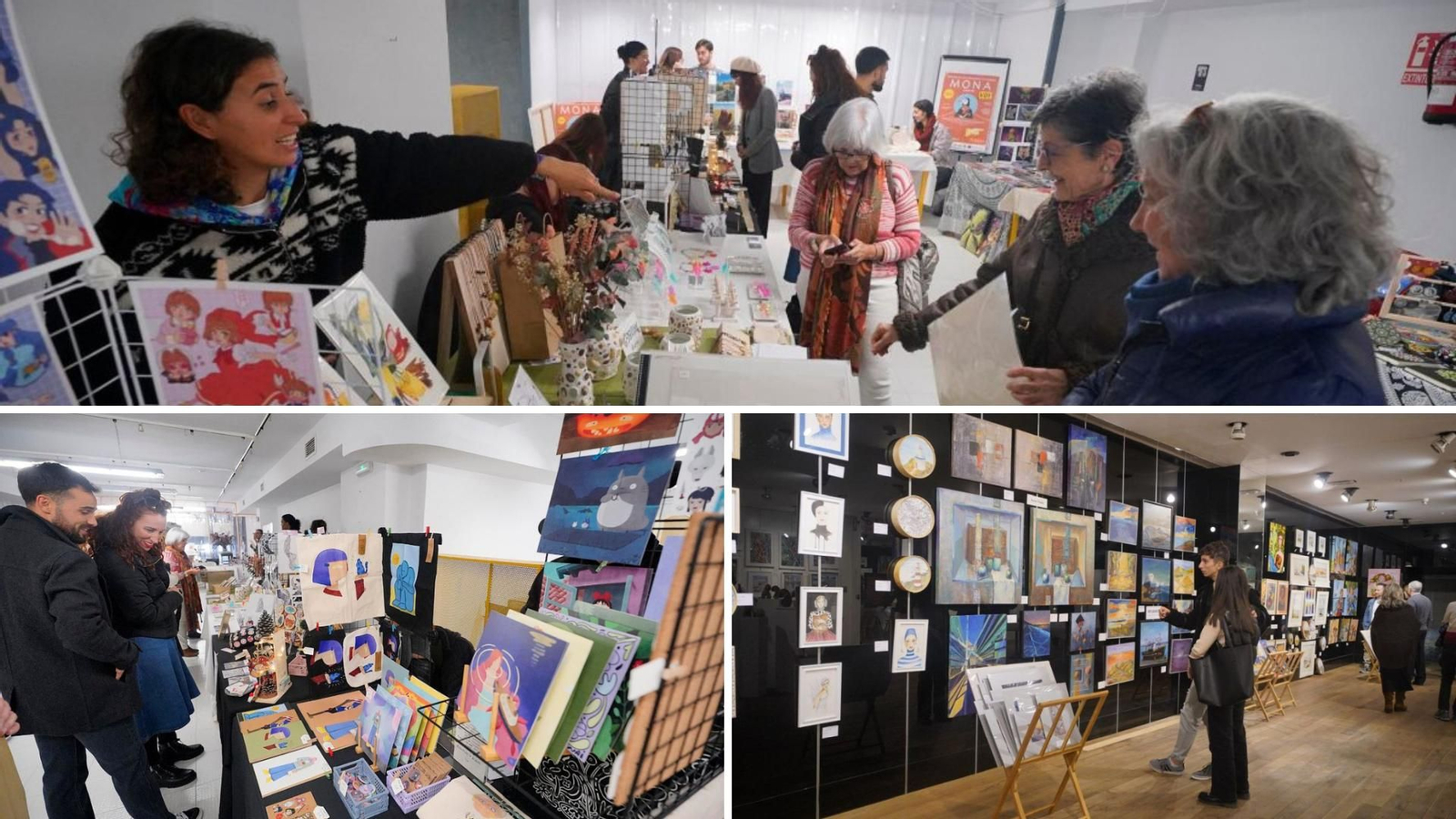 La inauguración, ayer, en A Laxe, de la nueva feria Fusión, dedicada al arte. A la derecha, dos imágenes de la feria Mona, en La Contenedora.