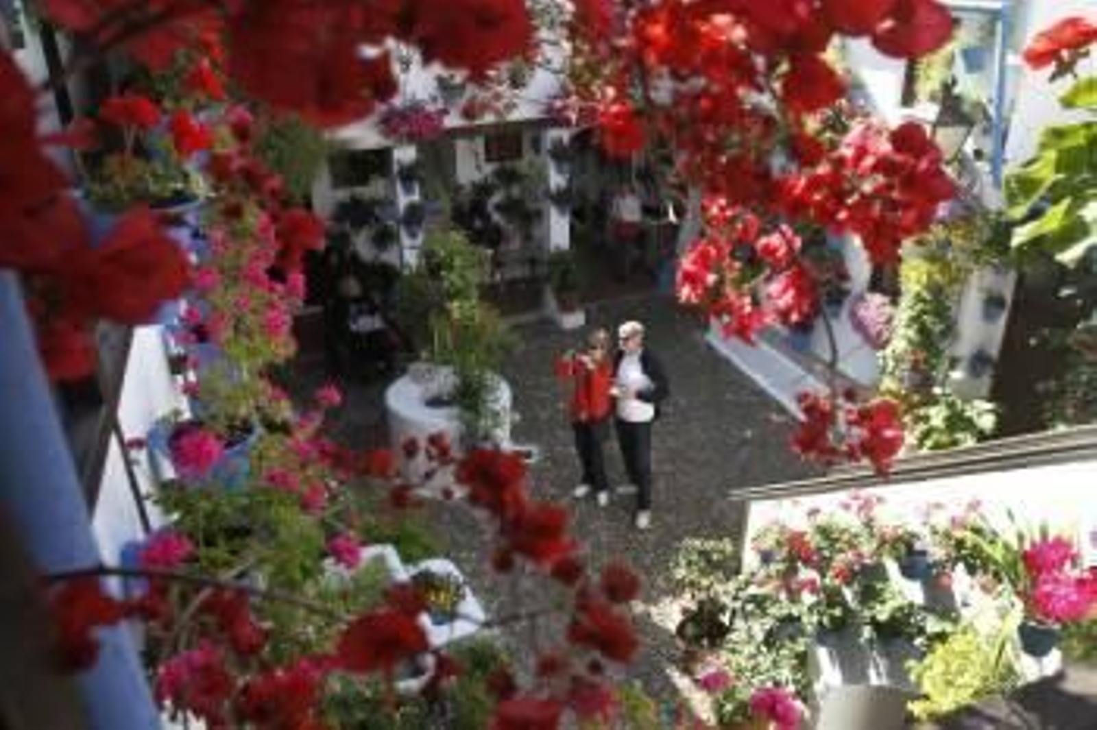 Dos visitantes fotografían un patio adornado con flores en Córdoba. (Foto: SALAS)