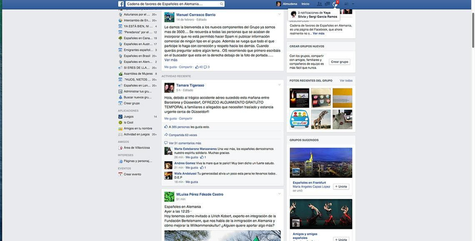 Captura de pantalla del grupo de facebook Cadena de favores de Españoles en Alemania