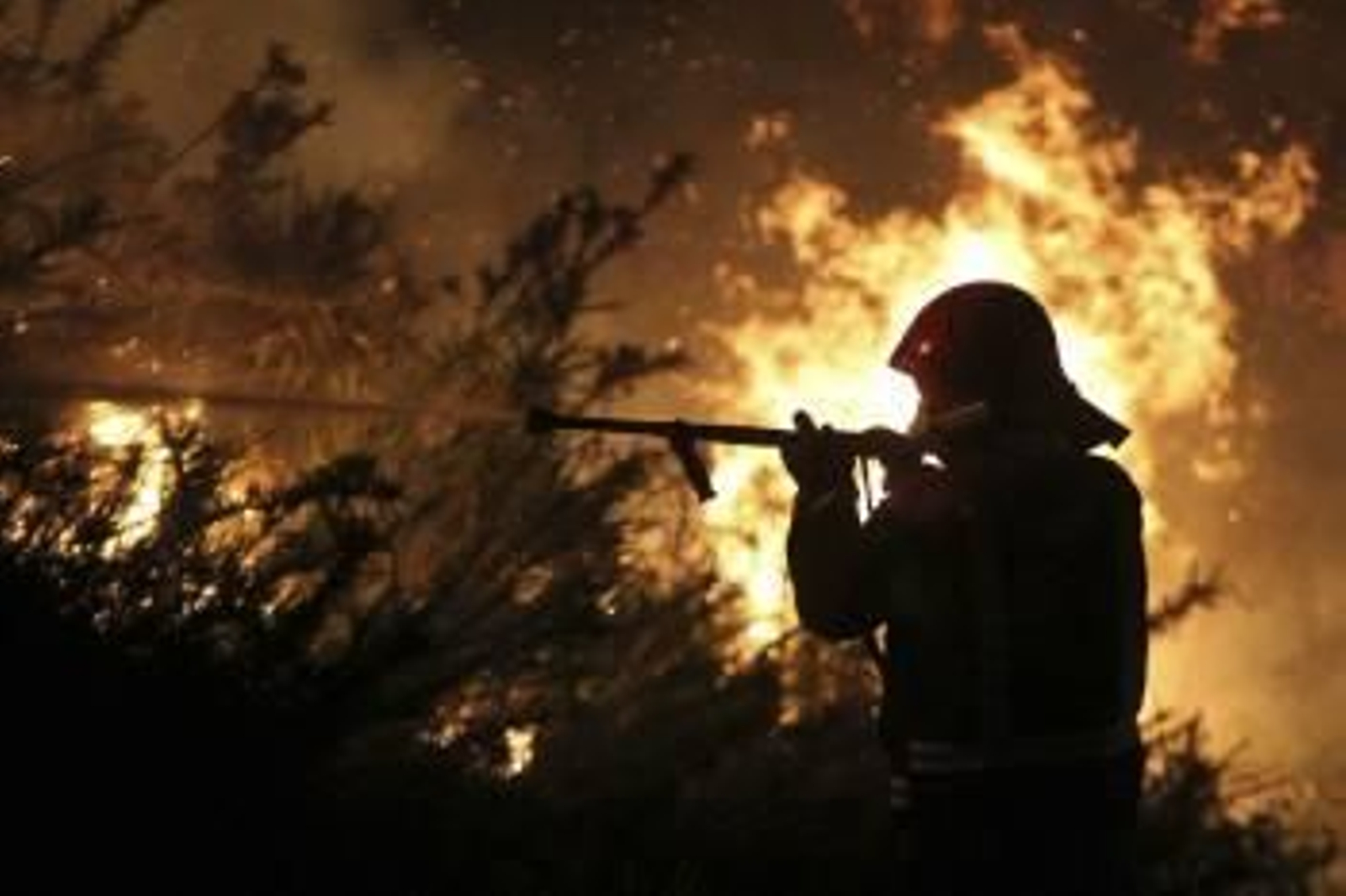 Un miembro de una brigada de lucha contra incendios lucha esta madrugada contra el fuego forestal declarado en la localidad de Fornelos de Montes.