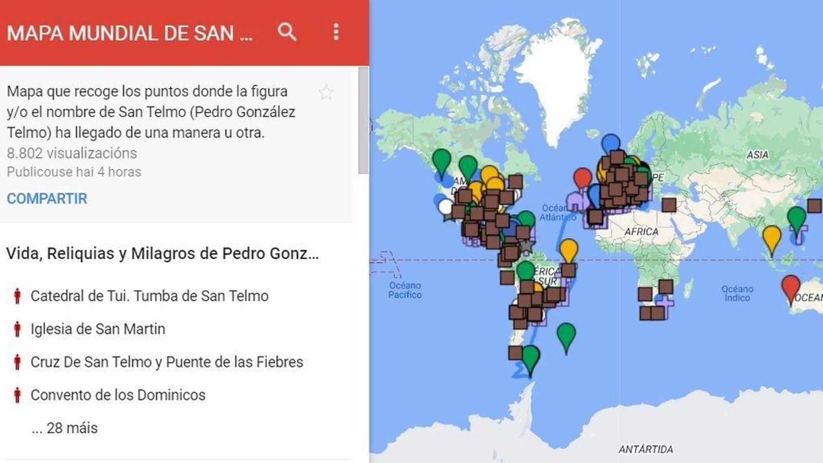 Tui, donde está enterrado San Telmo, encabeza el mapa mundi sobre el beato.