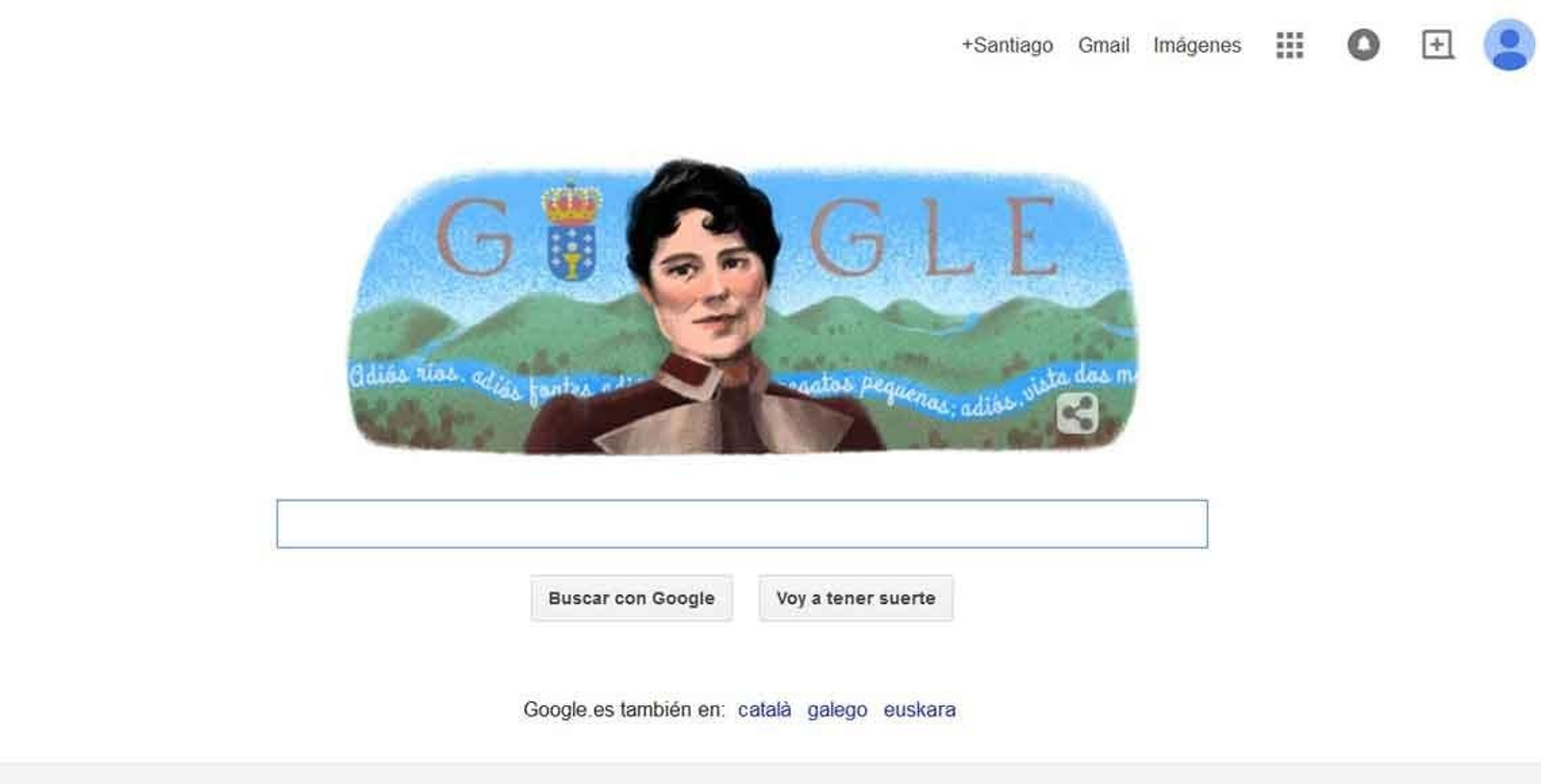 Google ha dedicado su 'doodle' de este martes a la poetisa gallega Rosalía de Castro, con motivo del 178 aniversario de su nacimiento.