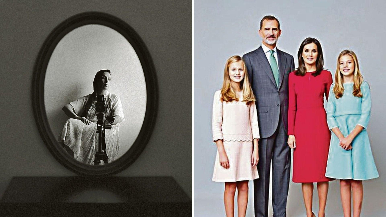 Un detalle ampliado del autorretrato de Estela de Castro;  
Retrato de Estela de Castro de la Familia Real.