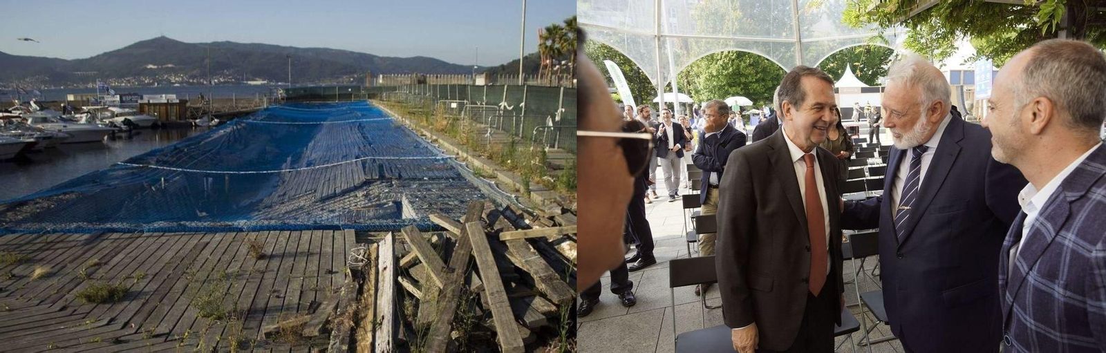 El lugar donde se produjo el hundimiento del muelle permanece en el mismo estado que hace casi un año. El alcalde, el presidente del Puerto y el delegado de Zona Franca, en la presentación del Seafest