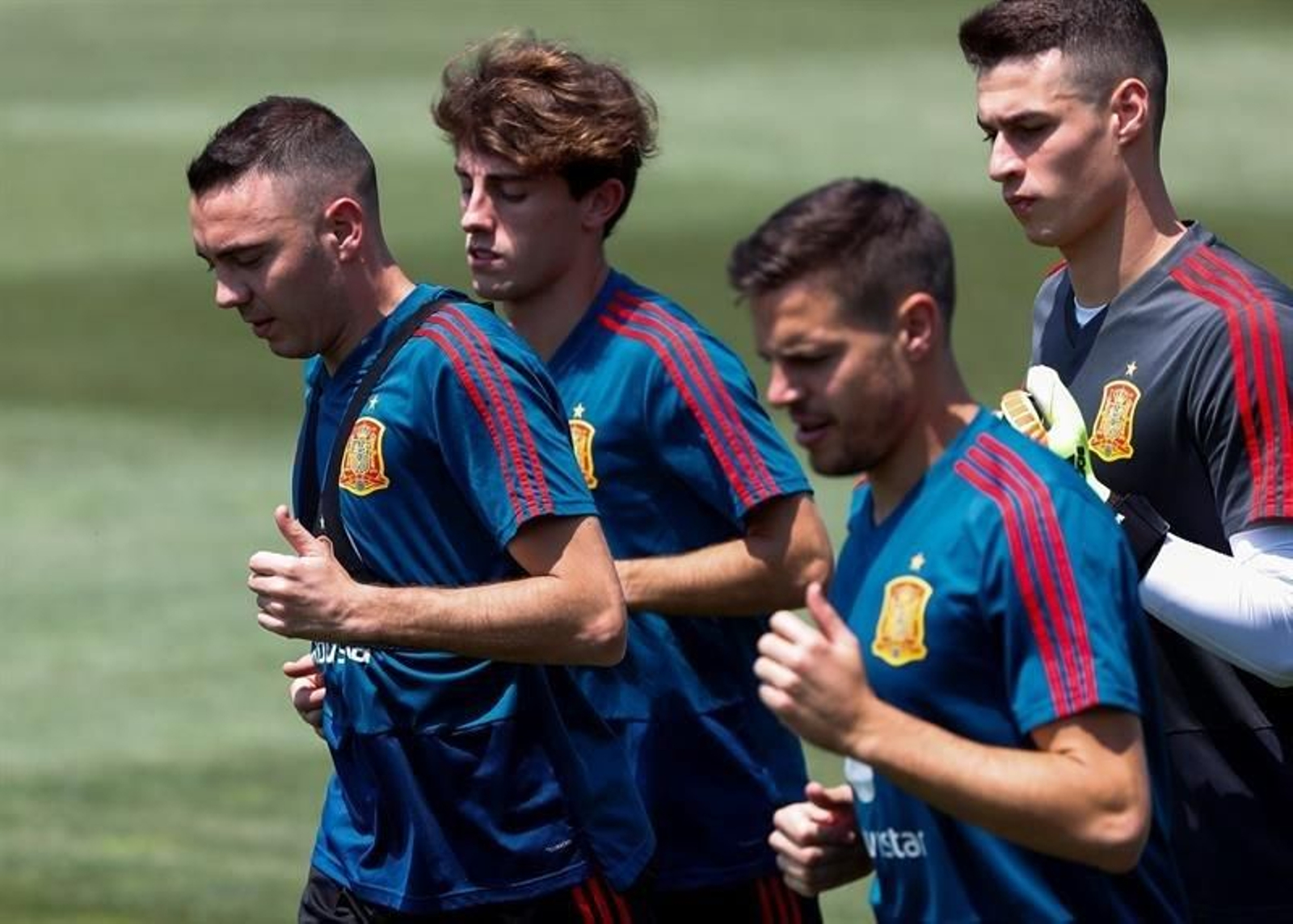 Los jugadores de la selección de España,el delantero Iago Aspas, el defensa Álvaro Odriozola, el defensa César Azpilicueta y el portero Kepa Arrizabalaga