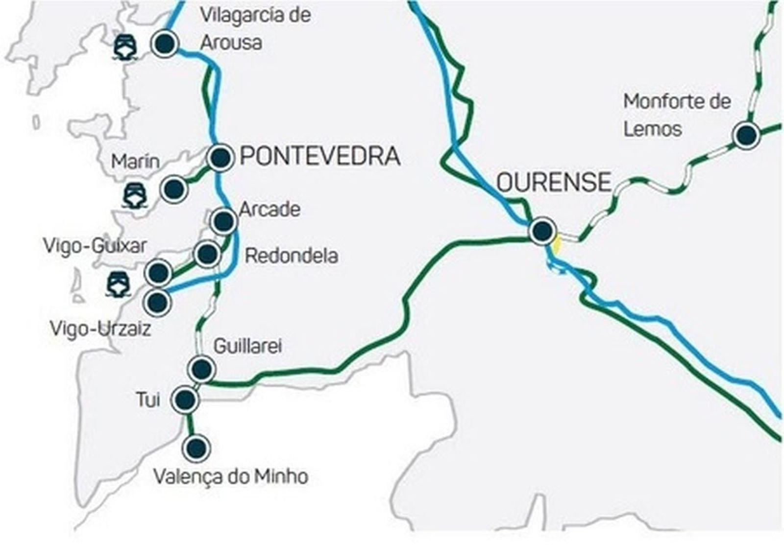 Infografía de la red ferroviaria en la provincia de Pontevedra.
