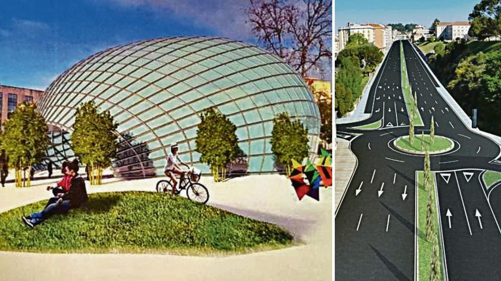 Dos imágenes bien conocidas de proyectos sin iniciar: la Biblioteca del Estado, en el entorno de los viejos juzgados, y la avenida de Madrid reformada.