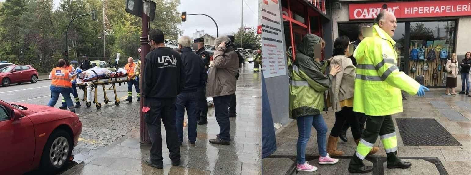 El hombre, de 35 años, trasladado por las emergencias aún con vida tras saltar del noveno piso. A la derecha, la mujer detenida, a la salida de su casa.