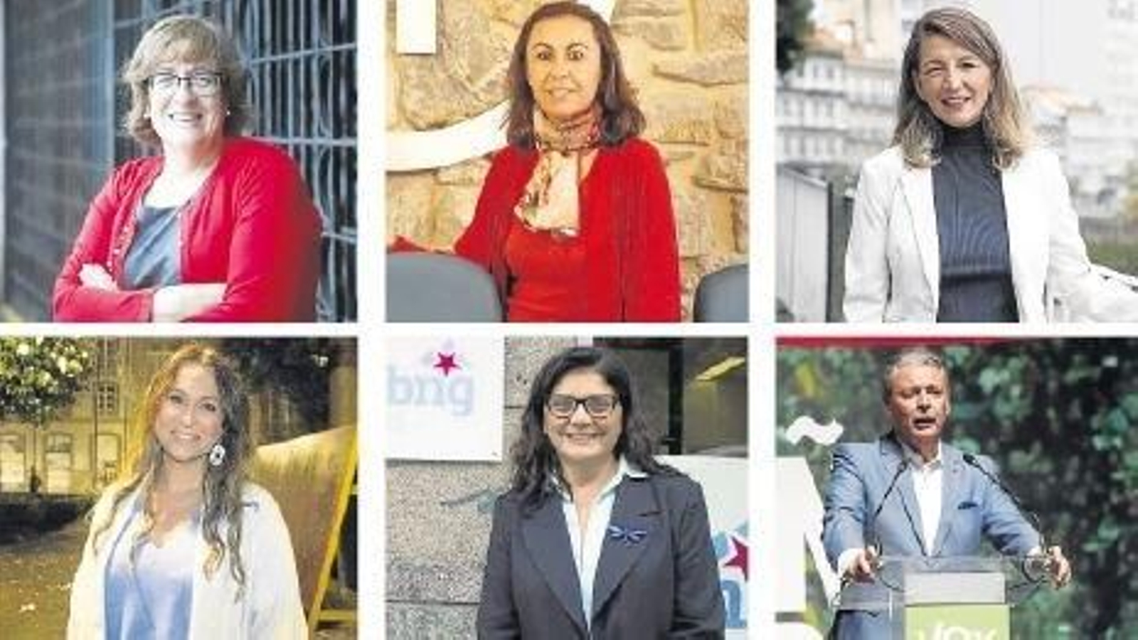 Olga Alonso (PSOE), María Ramallo (PP), Yolanda Díaz (Podemos), Beatriz Pino (Ciudadanos), Carme da Silva (BNG) y Antonio Budiño (Vox)