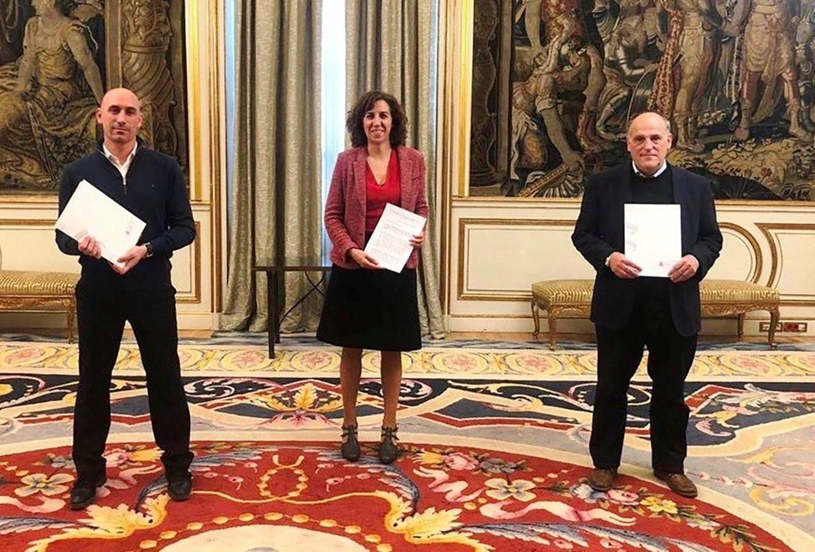 Rubiales, Irene Lozano y Tebas, en su encuentro del pasado sábado.