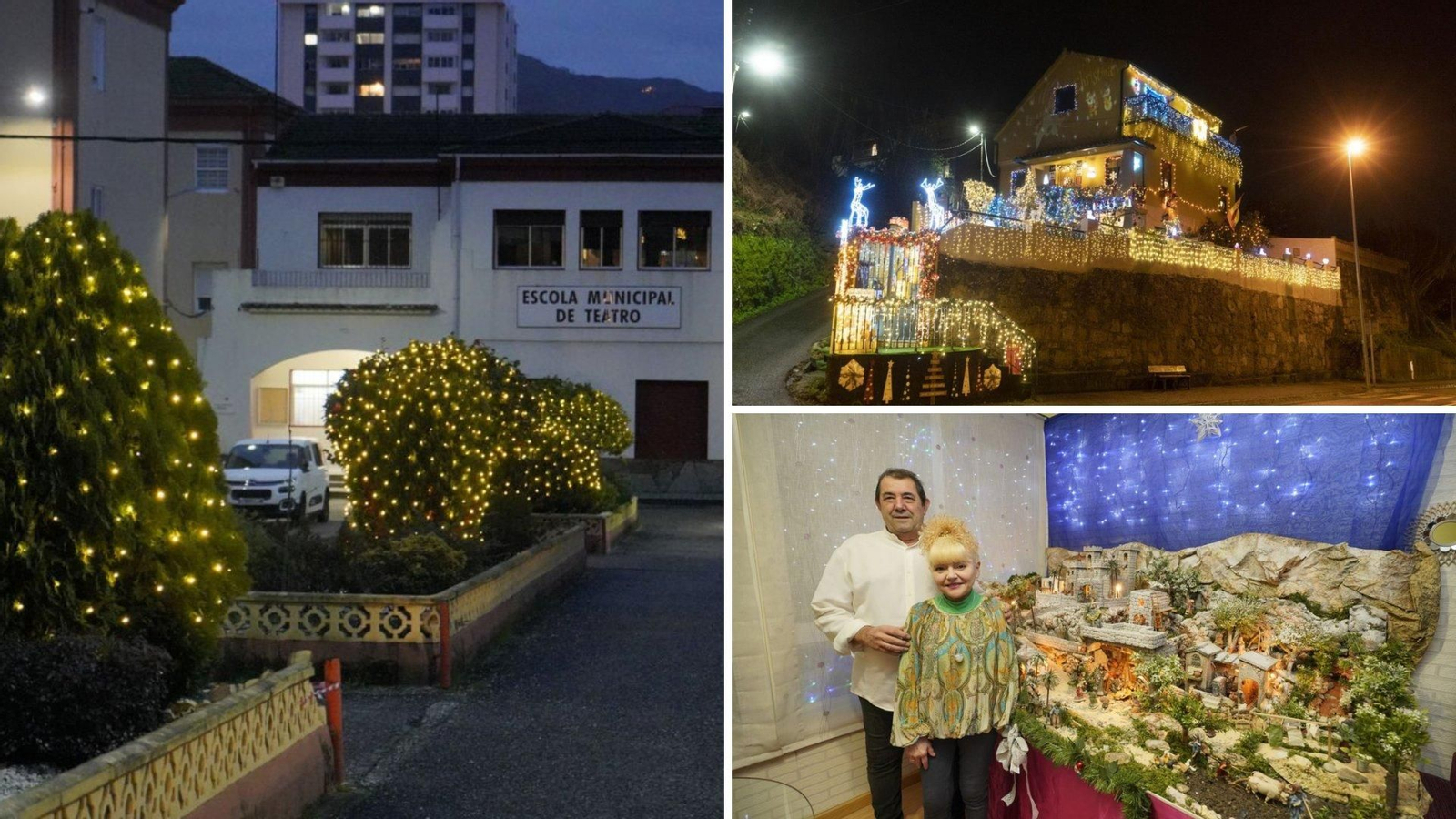 Luces en la urbanización de Castelao, 87; La casa iluminada y decorada por Ana, en Teis; Olegario y su mujer Mari Carmen, con el belén artesanal.