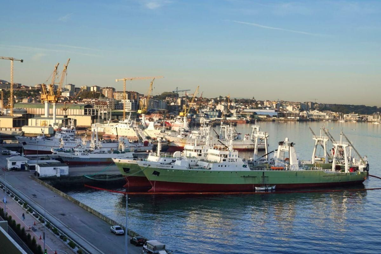 Barcos de la flota que opera en el caladero del calamar de Malvinas, atracados en Beiramar.
