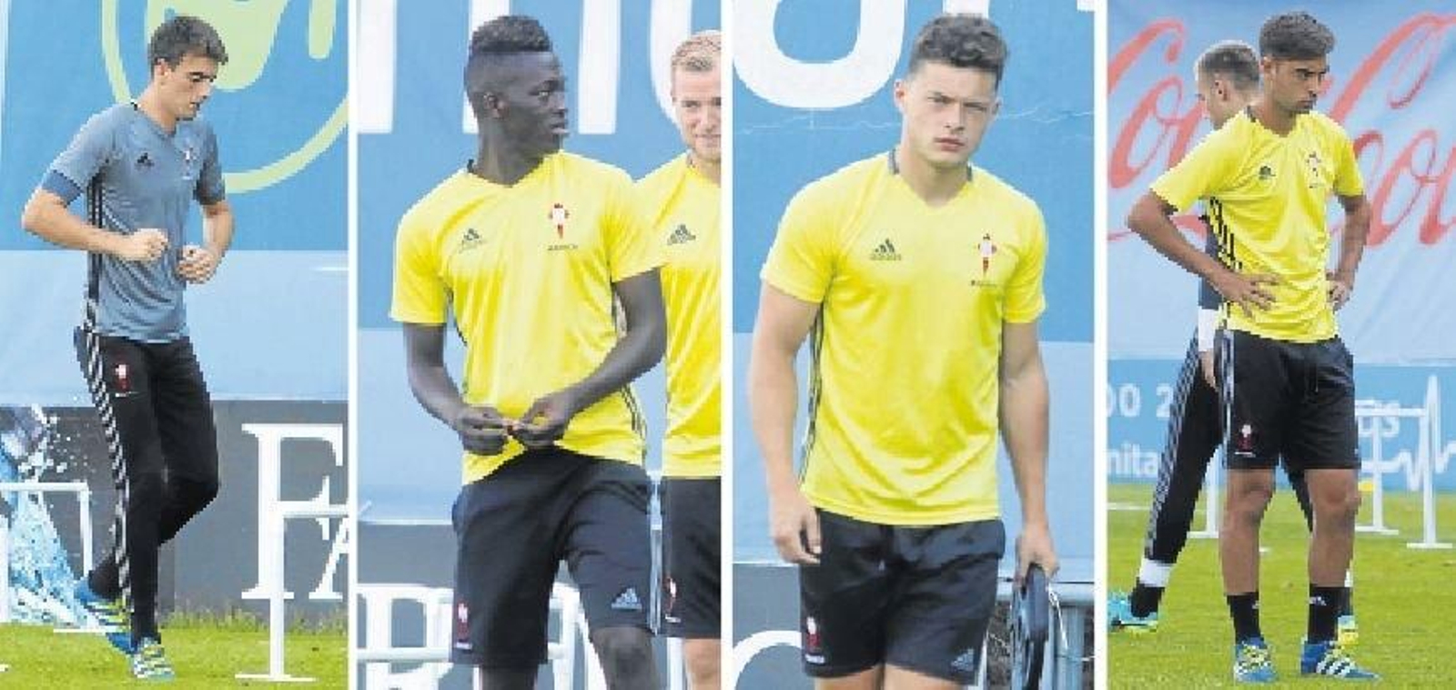 Iván Villar (natural de Aldán), Pape Cheikh (Dakar), Diego Alende (Santiago de Compostela) y Brais Méndez (Mos), ayer en A Madroa.