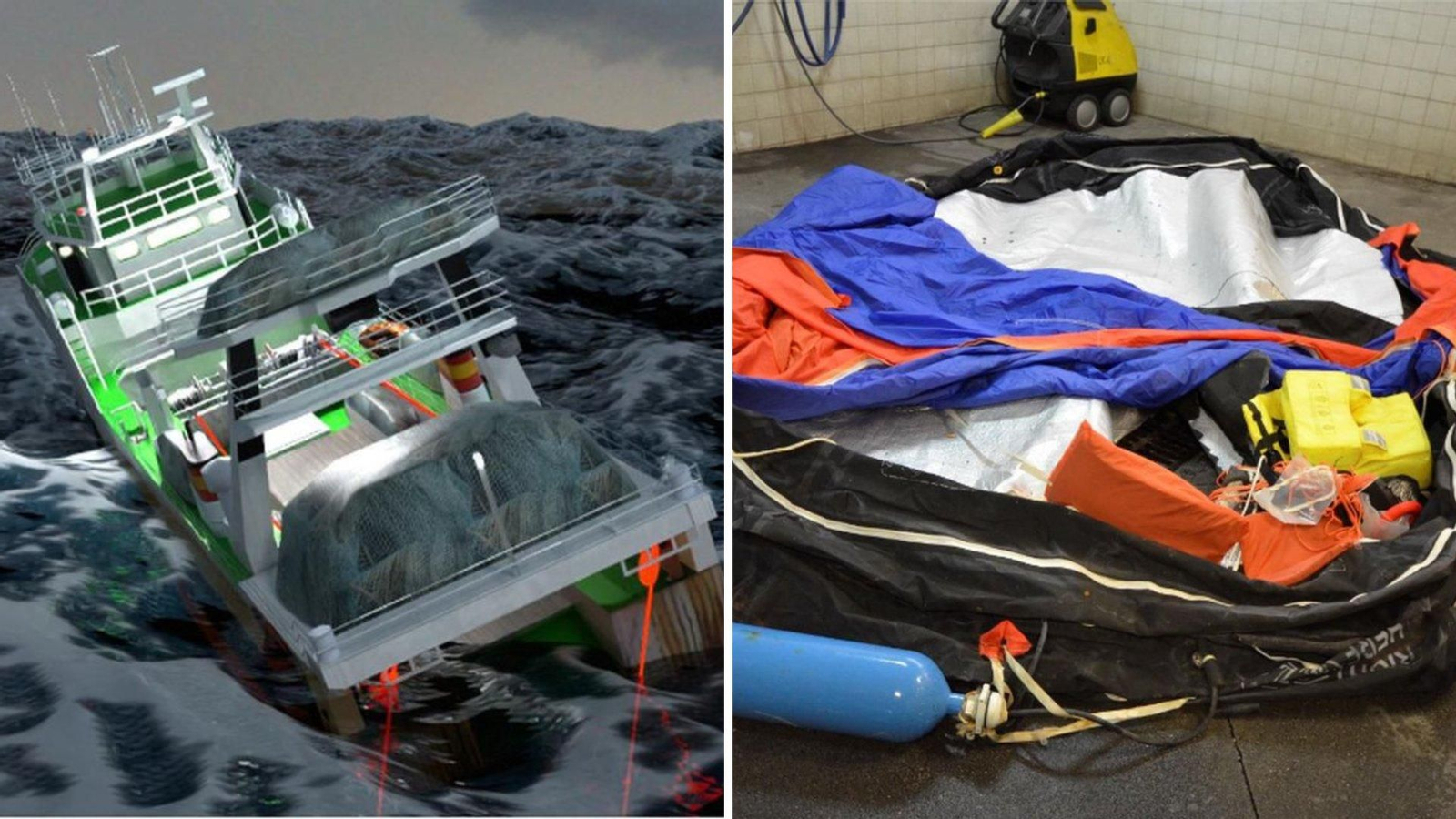 A la izquierda, una recreación virtual del hundimiento recogida en el informe, a la derecha, la balsa salvavidas de los tres supervivientes.