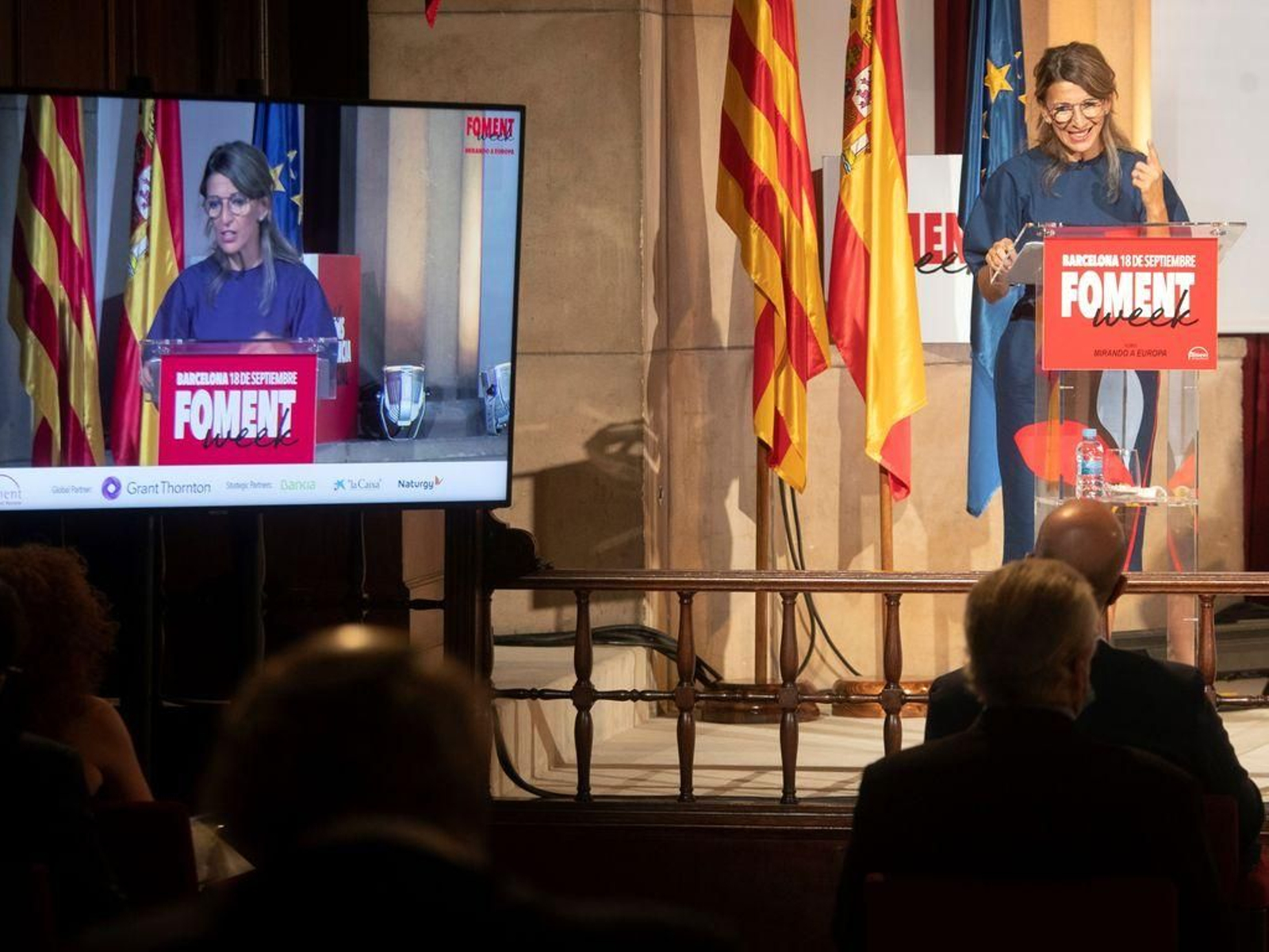 Yolanda Díaz, durante su intervención en la jornada "Mirando al futuro", en Barcelona.