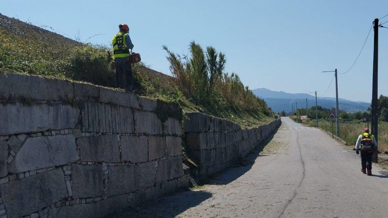 Un operario realizando el trabajo de desbroce en el camino que da a la playa de Cesantes.