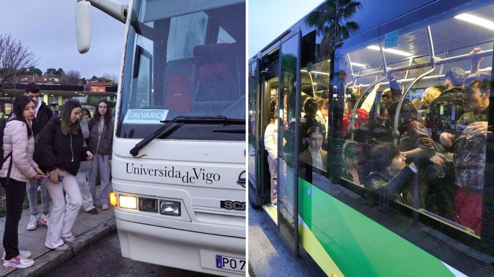 El autobús de la Universidad recogiendo a los alumnos que el Vitrasa dejó sin poder subirse a la lanzadera.
