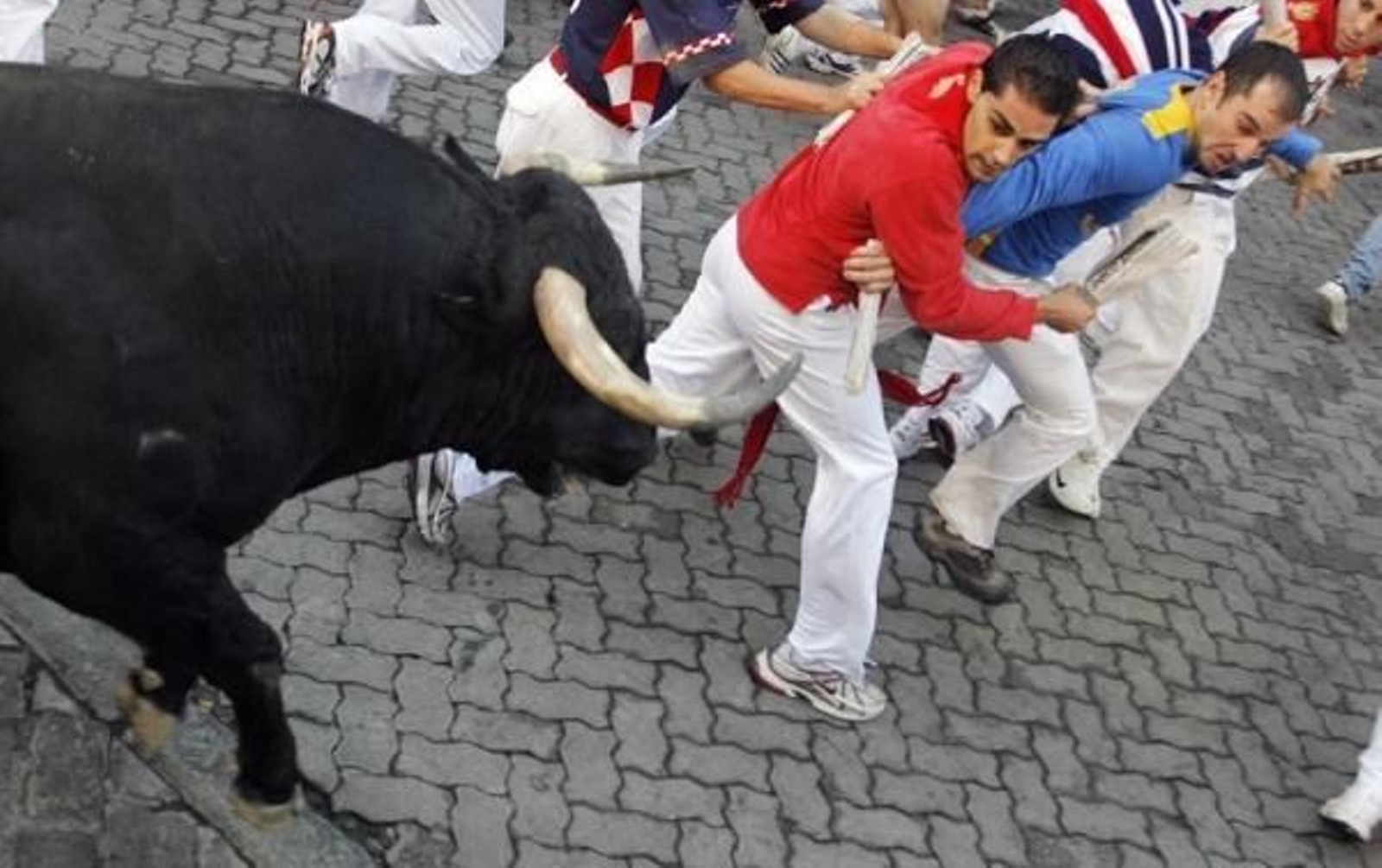Varios mozos corren delante del toro.