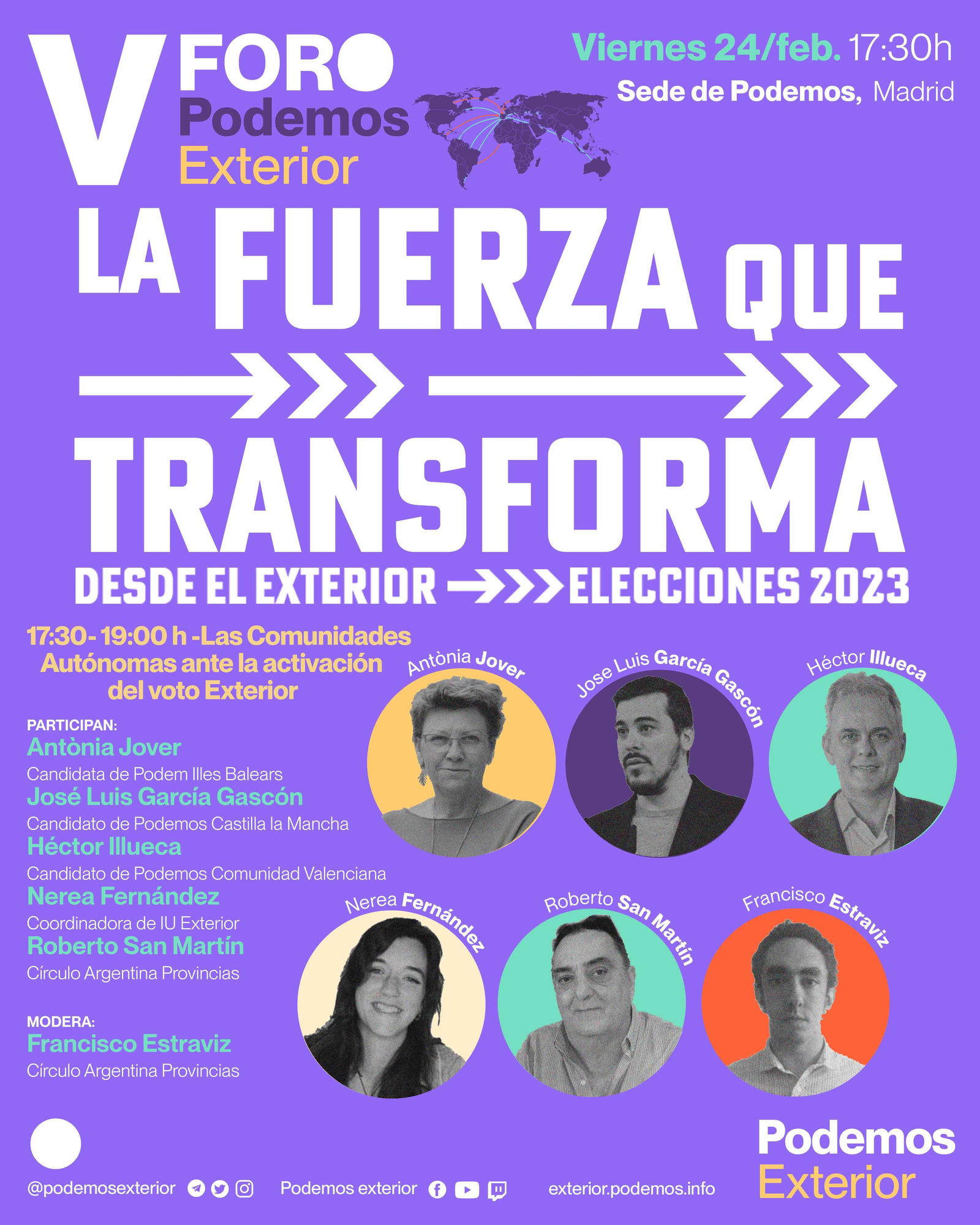 Cartel del viernes 24 de febrero del 5º Foro de Podemos Exterior