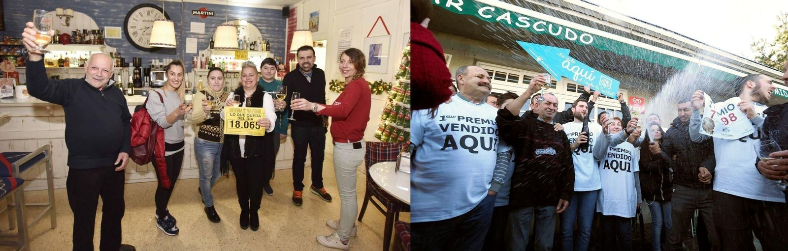 Agraciados y responsables del bar "Lo que queda del día" de Salvaterra celebran el premio. A la derecha, fiesta y alegría ante el bar "Cascudo" de Vilalba, que repartió gran parte del Gordo.
