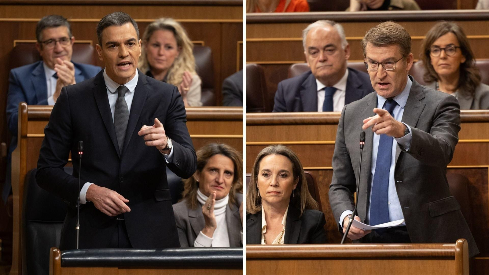 Pedro Sánchez y Alberto Núñez Feijóo en la sesión plenaria en el Congreso. // E.P.