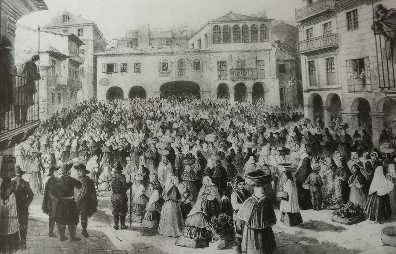 El grabado más antiguo de la Praza da Constitución de José Espinosa de 1848, cuando cambio su nombre de Plaza Pública a Plaza de la Libertad.