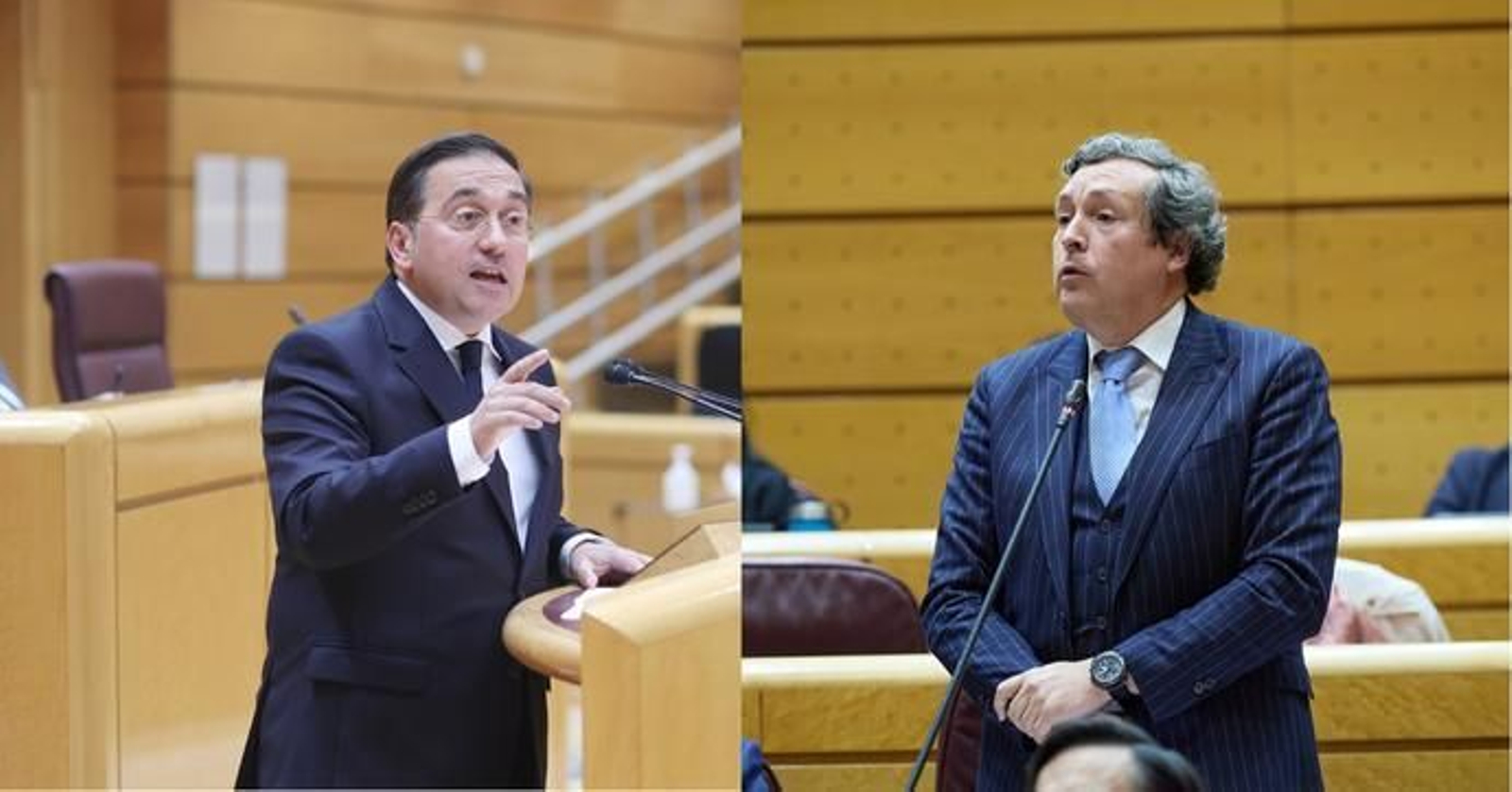 El señador popular Íñigo Fernández García y el ministro de Asuntos Exteriores, José Manuel Albares durante el Pleno del Senado.