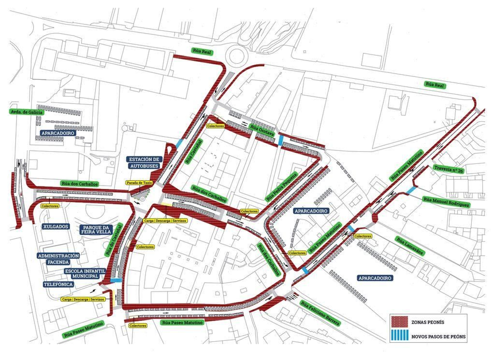 Plano de calles peatonalizadas en el casco urbano (en rojo).