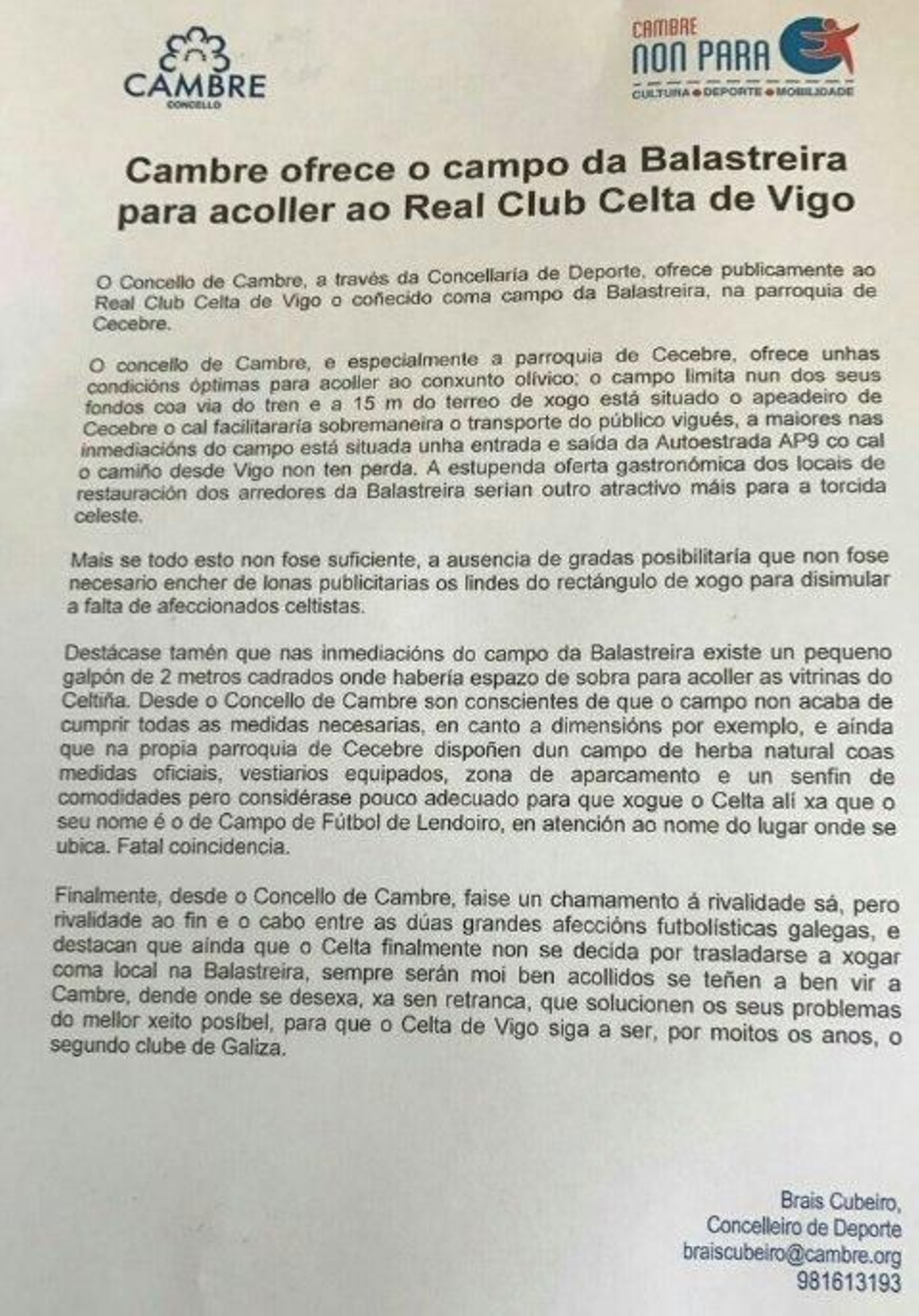 El comunicado de burla hacia el @RCCelta lleva el logo del Concello de Cambre