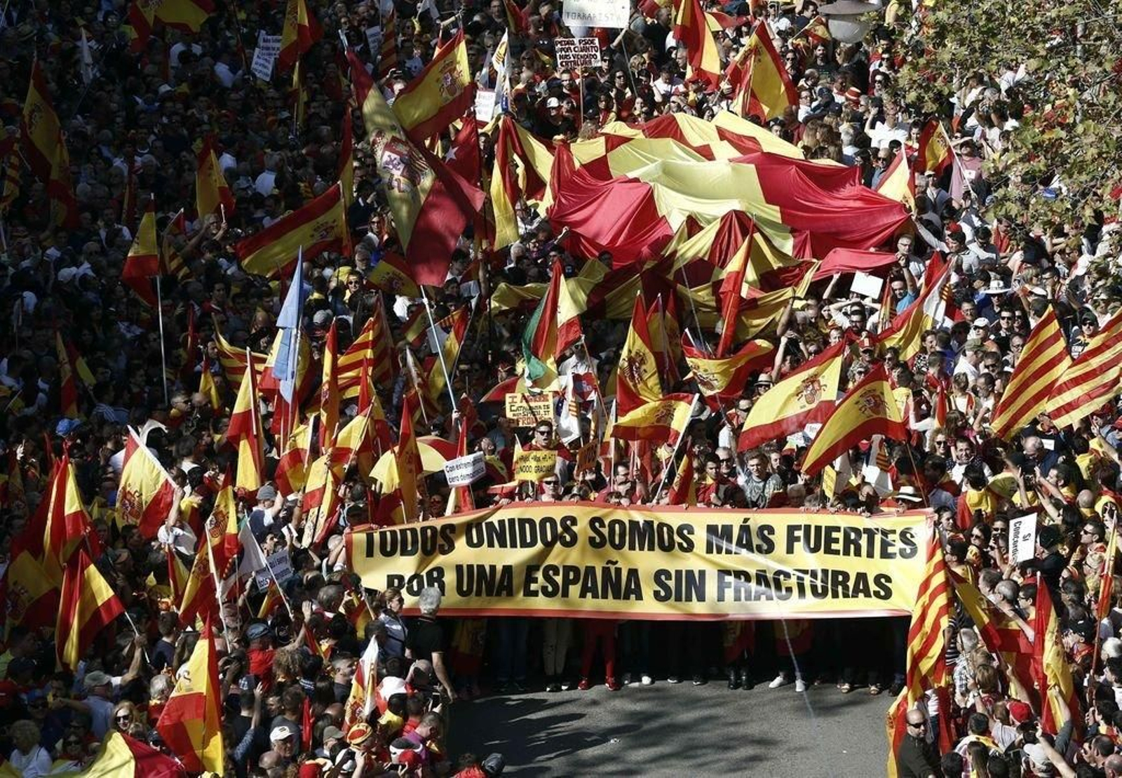 Detalle de parte de las banderas españolas ayer en la movilización.