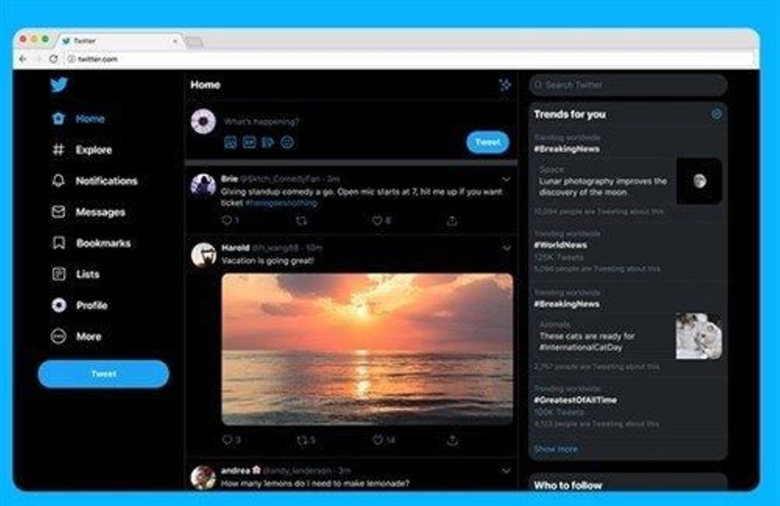 Rediseño de Twitter.Com en modo oscuro