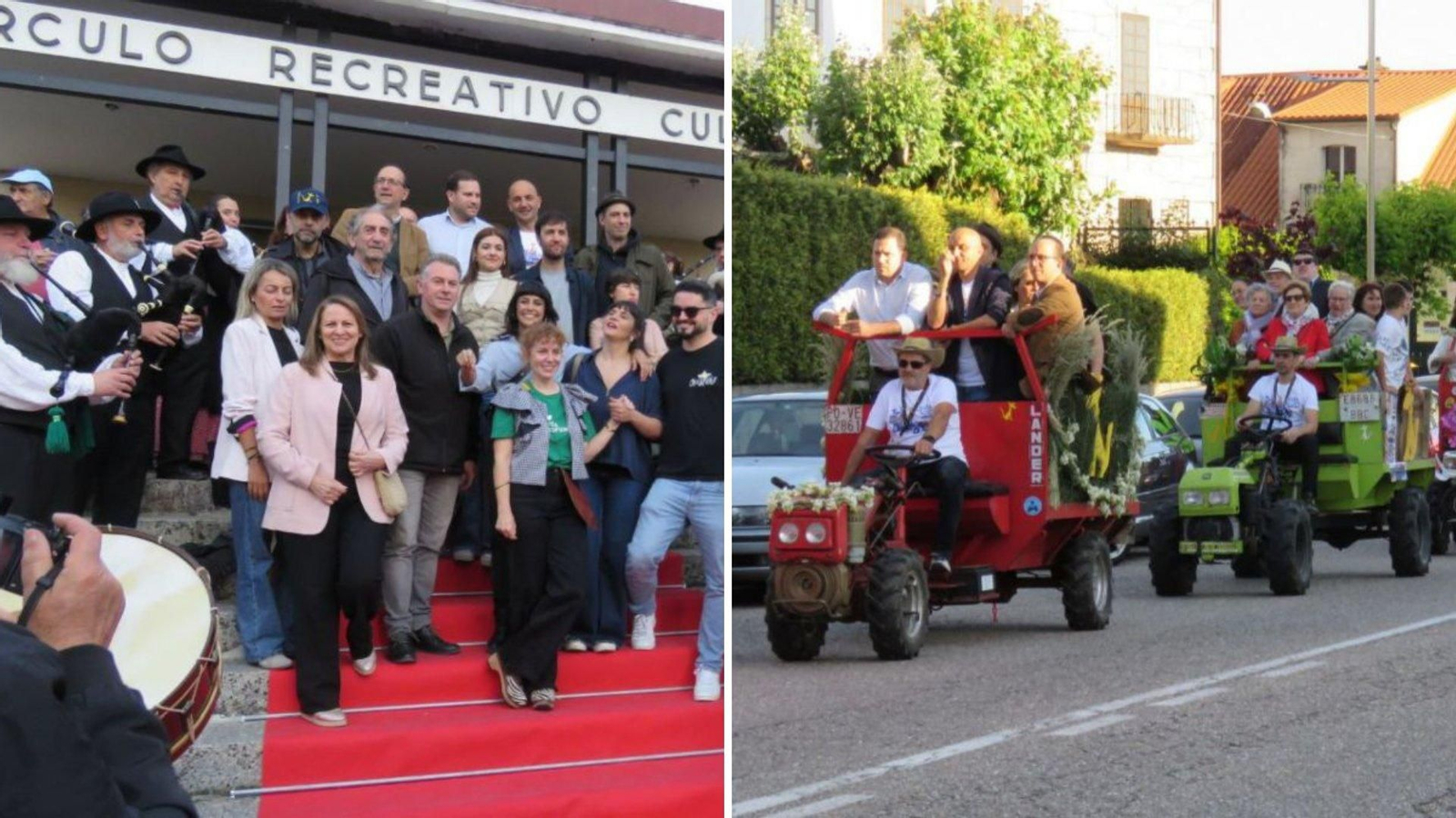 La alfombra roja que no faltó en el Círculo Recreativo Cultural porriñés y la caravana de “chimpíns”, ayer saliendo del centro de Porriño.