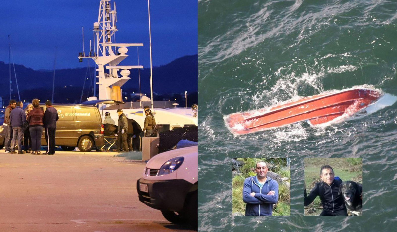Momento de la llegada del cadáver al puerto de Baiona, anoche. A la derecha, el "Marsua J" volcado en Cíes.