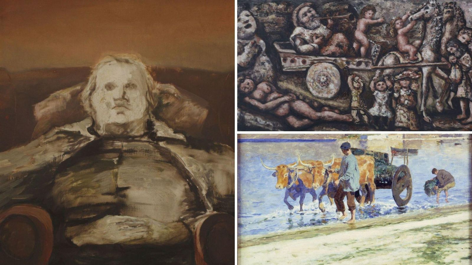 “Retrato de mi madre”, de María Victoria de la Fuente; “La llegada de Breogán a Galicia”, de Laxeiro (arriba) y “Recogiendo algas”, de Avendaño.