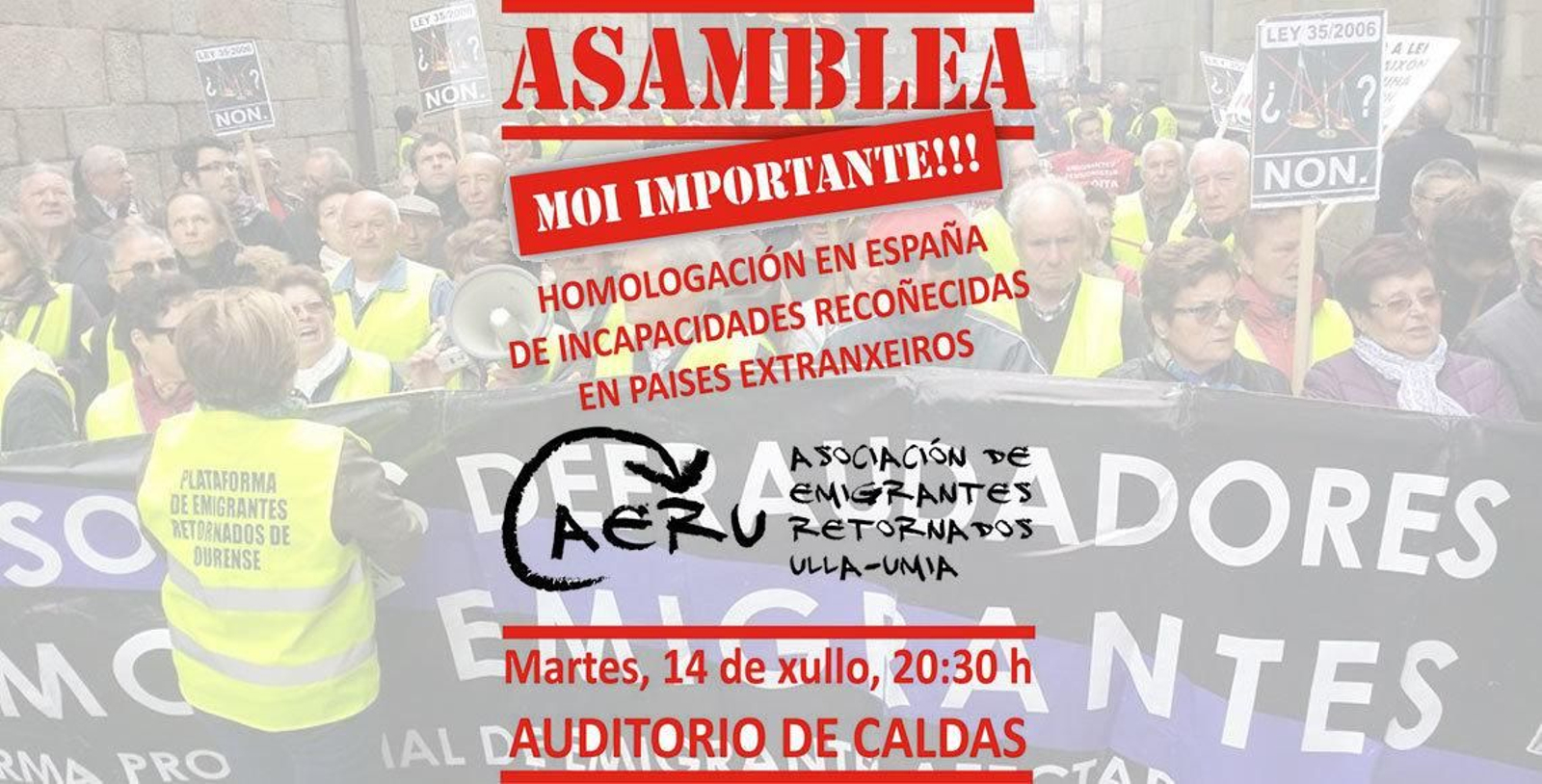 Cartel de la asamblea informativa de AERU del martes, 14 de julio, en Caldas de Reis.