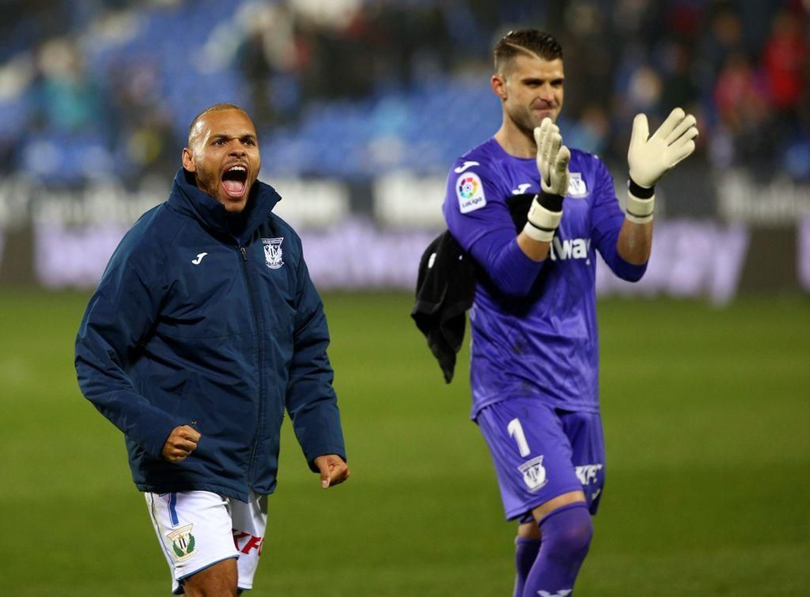 Braithwaite (i) y Cuéllar, tras el partido de la primera vuelta contra el Celta.