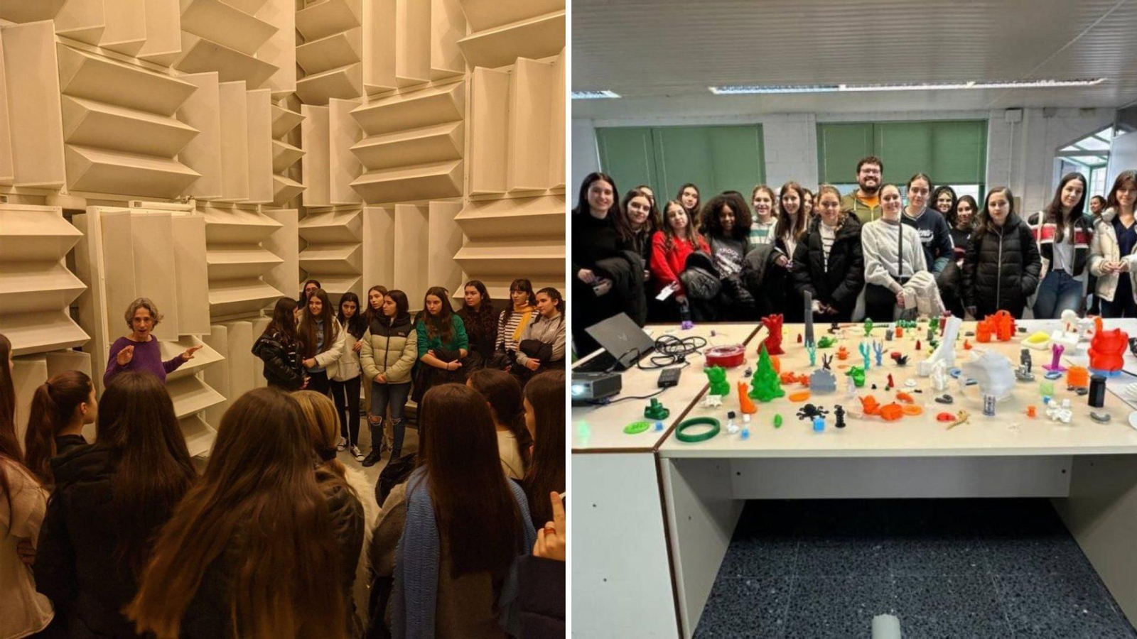 Alumnas del IES Valadares en la cámara anecoica de Teleco y estudiantes del IES Alexandre Bóveda en Ingeniería Industrial.