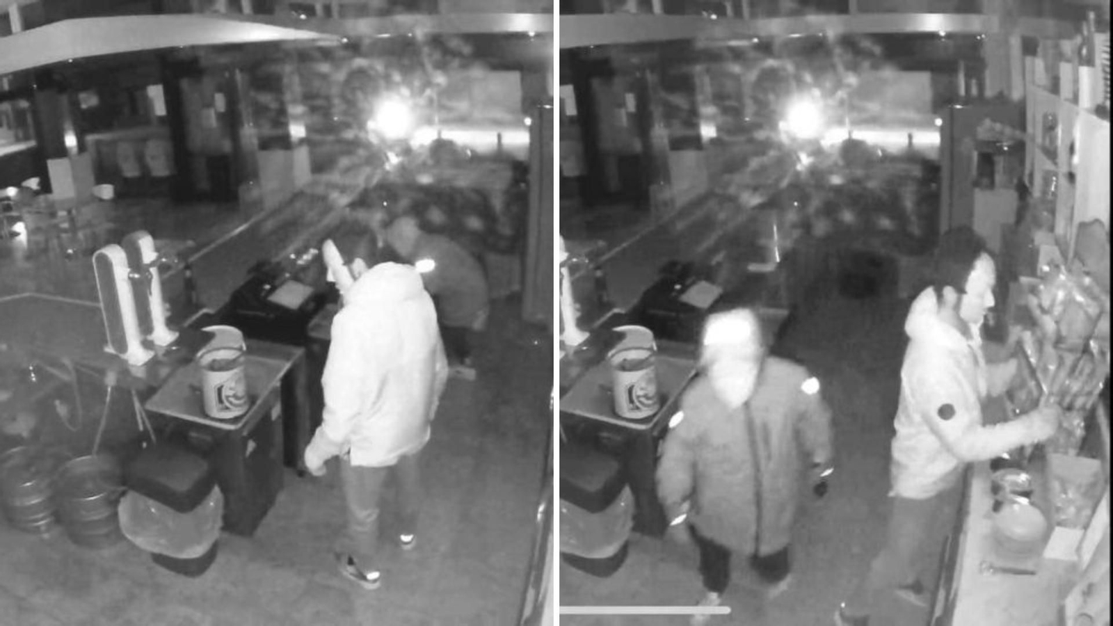 Izquierda, los cacos dándose cuenta de que la caja registradora estaba vacía. Derecha, cogiendo el expositor de patatillas antes de huir.