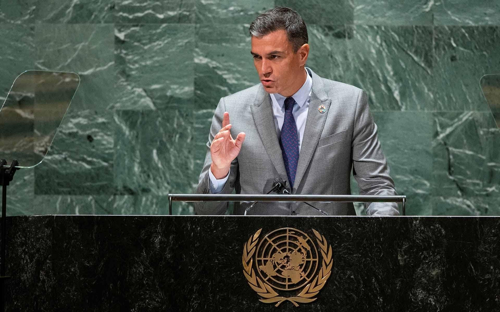 New York (United States), 22/09/2021.- Spain's Prime Minister Pedro Sanchez addresses the 76th Session of the UN General Assembly in New York City, New York, USA, 22 September 2021. (España, Estados Unidos, Nueva York) EFE/EPA/EDUARDO MUNOZ / POOL