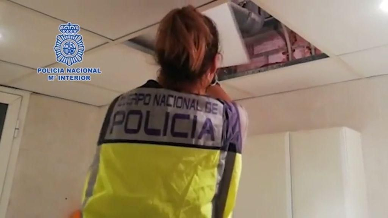 Una agente busca en un falso techo durante el registro en la casa del jefe de la red.
