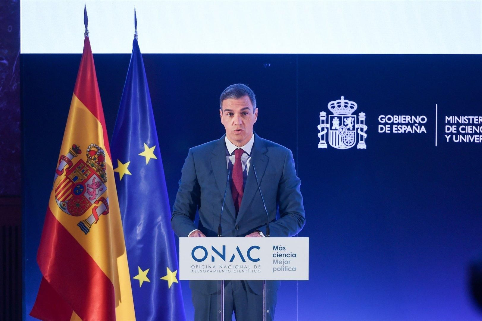 El presidente del Gobierno, Pedro Sánchez, interviene en la presentación de la Oficina Nacional de Asesoramiento Científico (ONAC). // E.P.