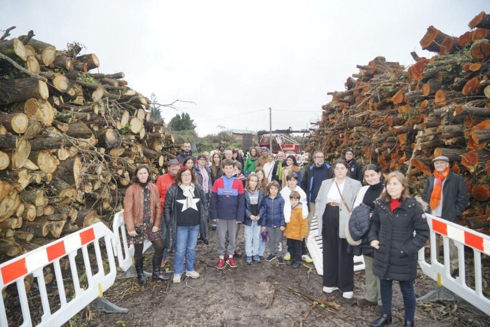 Vecinos y ecologistas, entre los árboles talados en el bosque de Navia.