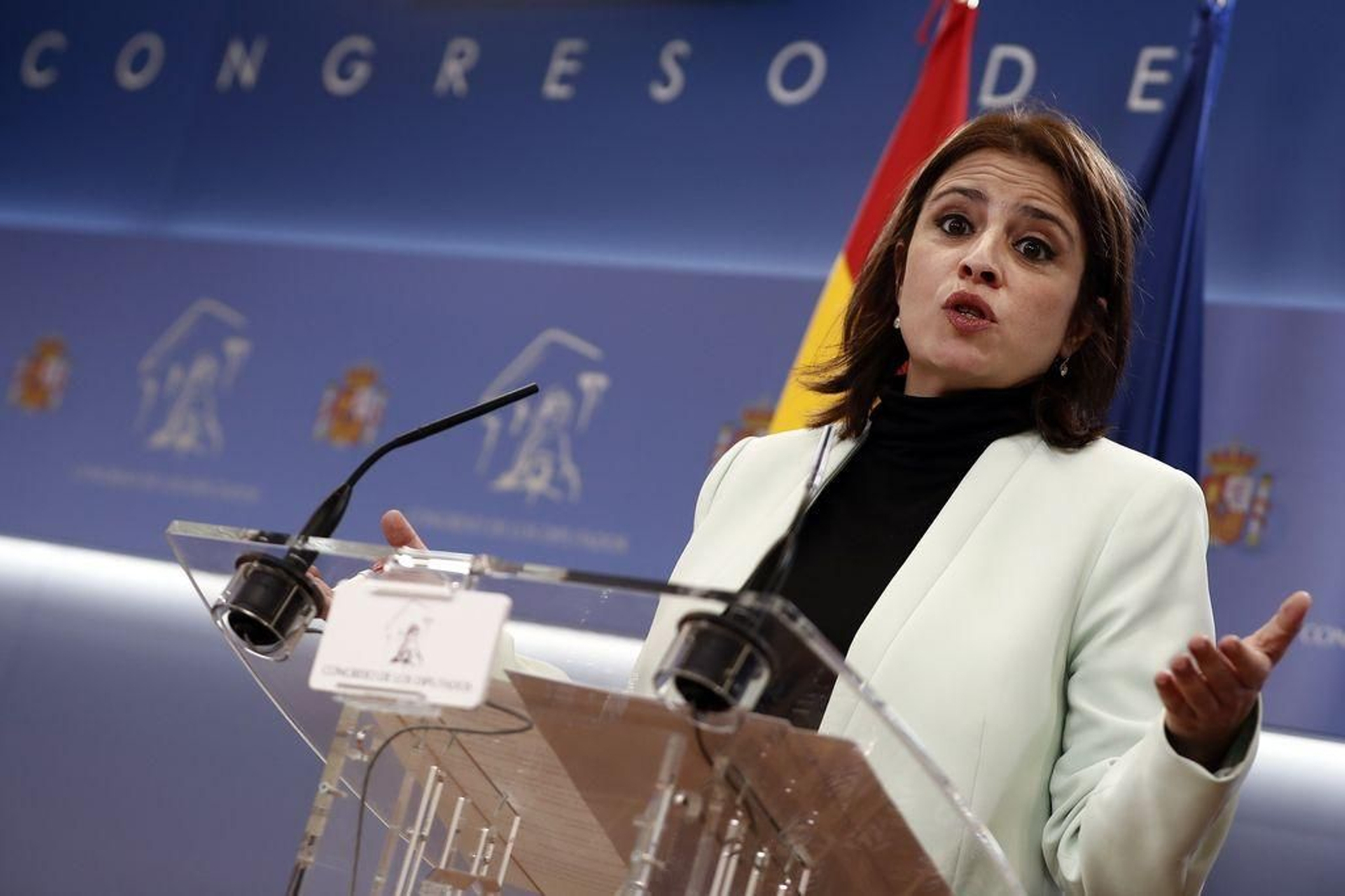 Adriana Lastra, durante la rueda de prensa que ofreció en el Congreso de los Diputados.