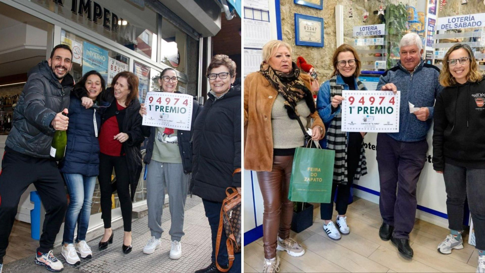 Borja Calvar, del Bar Imperial, con empleadas y amigas, festejando el primer premio. A la derecha, la celebración en el Kiosco de Cocó, en Redondela.